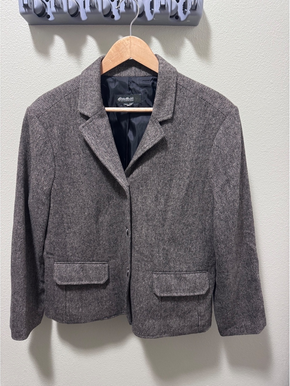 Eddie Bauer Women’s Gray Wool Blend Blazer Stretch Tweed Career Jacket